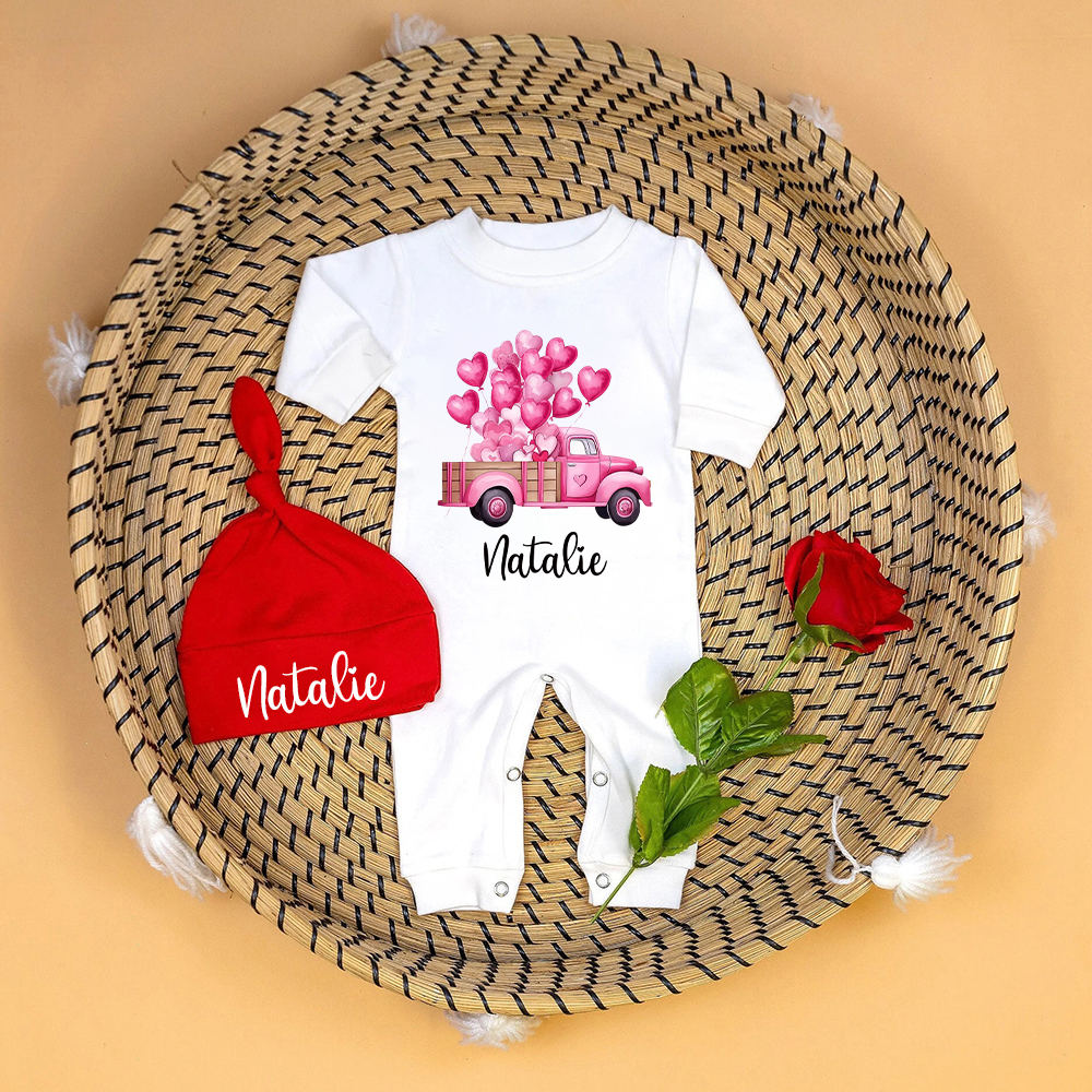 Personalized Baby First Valentine Romper and Hat Set | CWBaby376