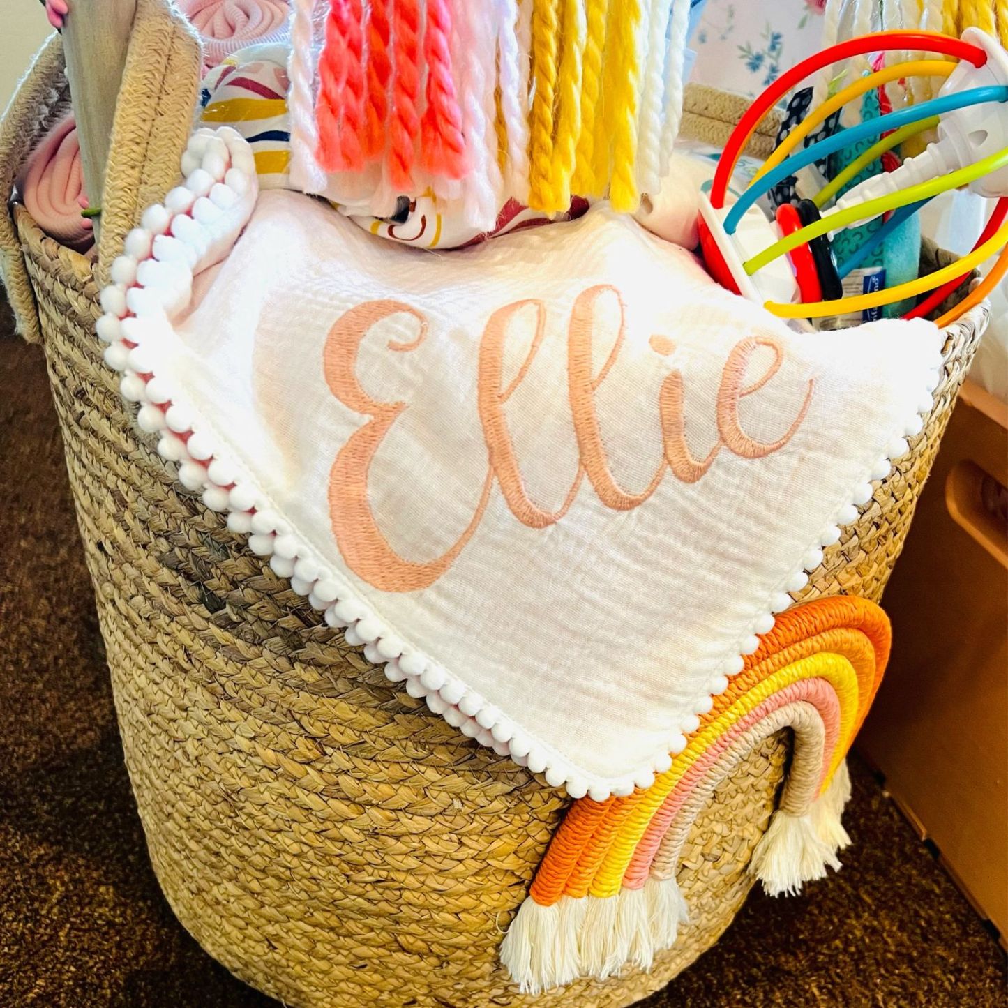 Personalized Embroidered Swaddle Muslin Pom Pom Blanket | CWBaby46