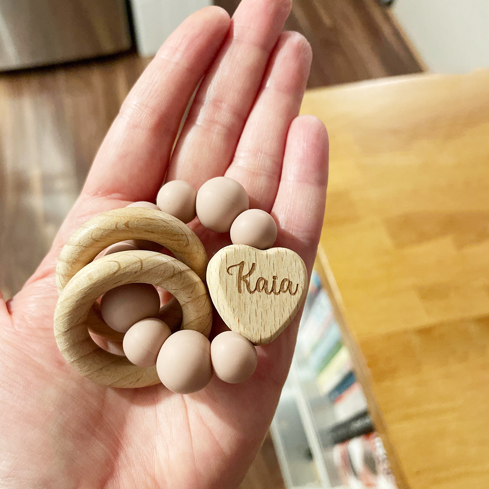 Personalized Baby Sensory Silicone Wooden Toy Ring | CWToy169