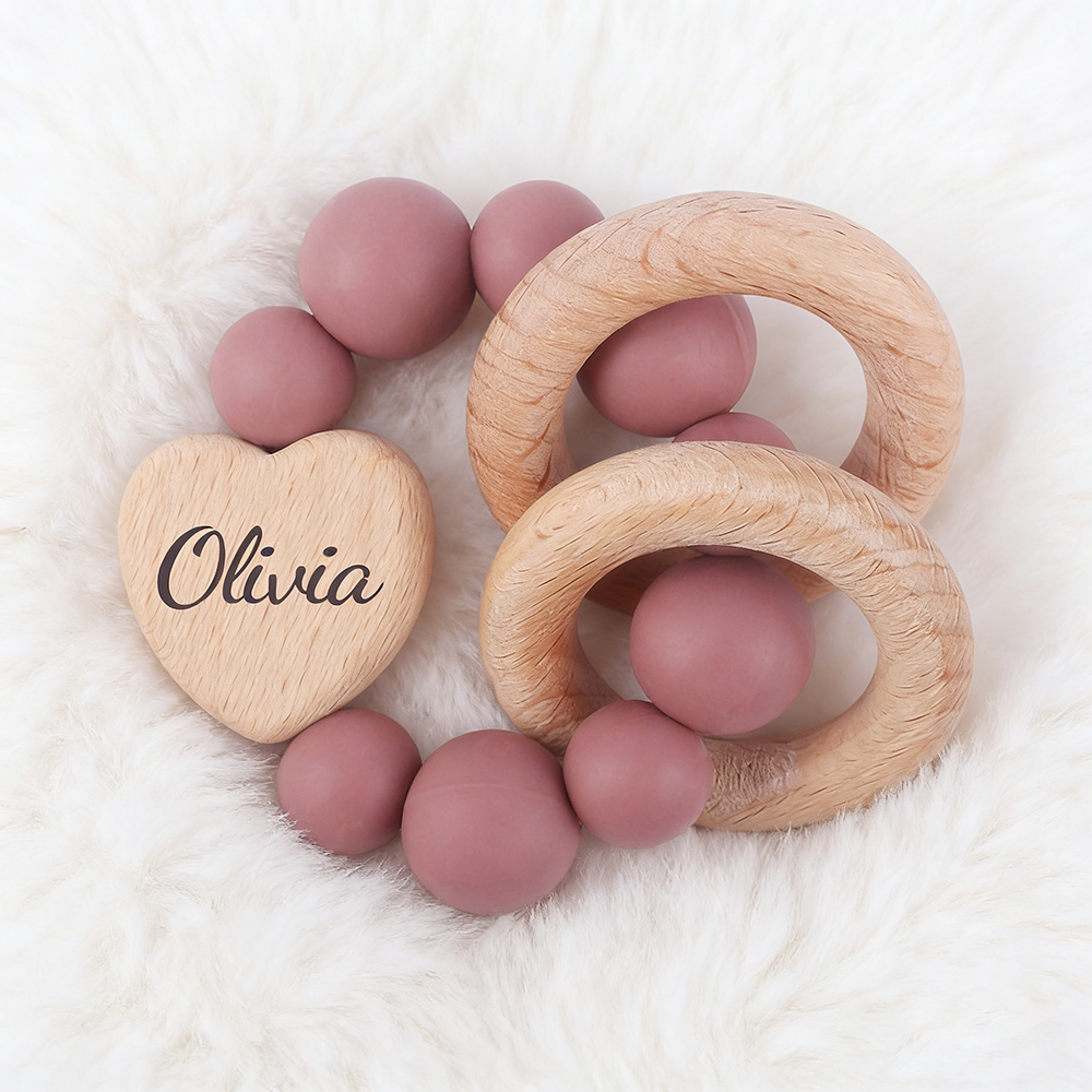 Personalized Baby Sensory Silicone Wooden Toy Ring | CWToy169