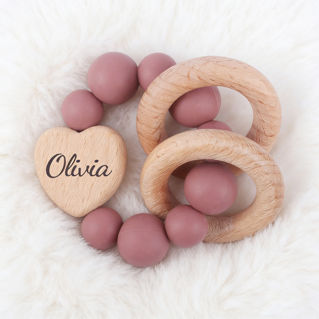 Personalized Baby Sensory Silicone Wooden Toy Ring | CWToy169