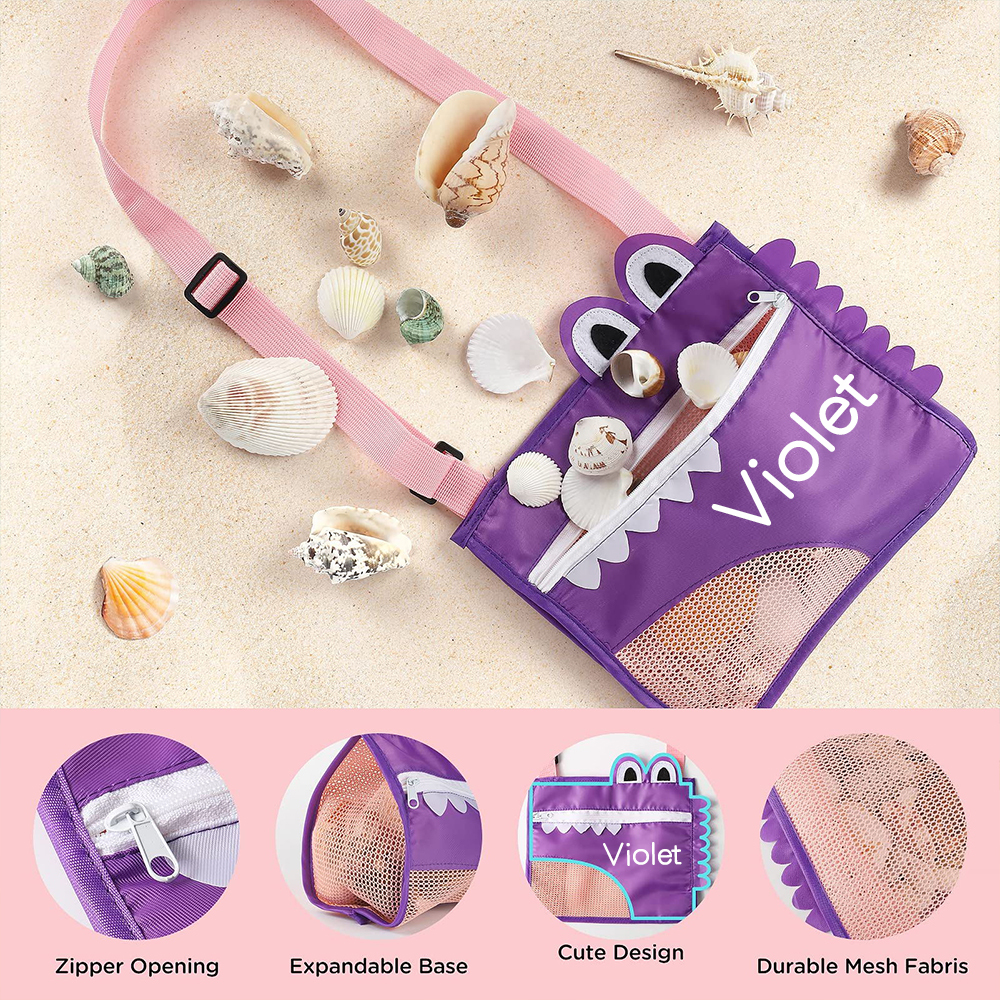 Personalized Kids Crocodile Seashell Zipper Mesh Beach Bag | CWBeach93