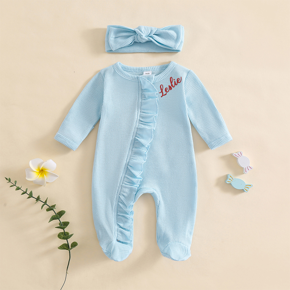 Personalized Newborn Embroidery Waffle Ruffled Romper With Bow | CWBaby426