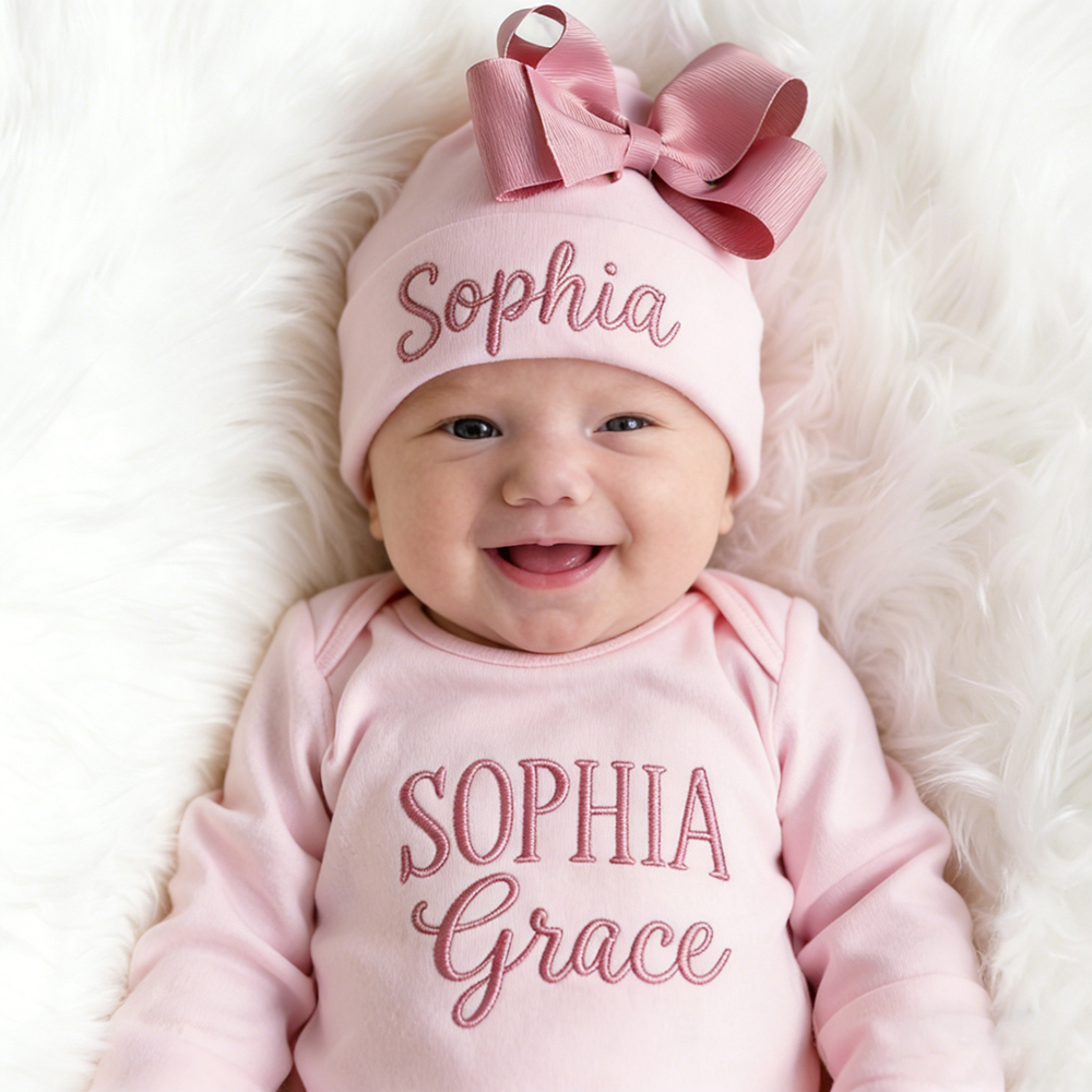 Personalized Embroidery Baby Girl Coming Home Romper and Hat Set | CWBaby458