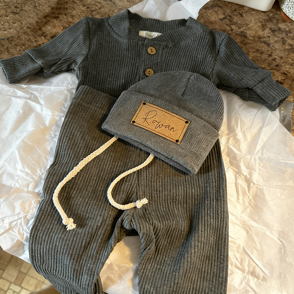 Personalized Leather Patch Baby Beanie Outfit Set | CWBaby84