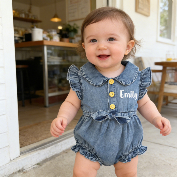 Personalized Baby Girl Elegance Denim Ruffled Romper | CWBaby476