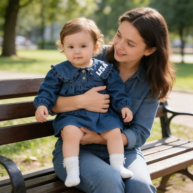 Personalized Baby Girl Vintage Puff Sleeves Denim Dress | CWBaby478