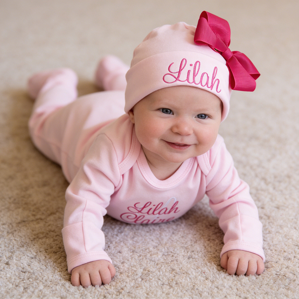 Personalized Embroidery Baby Girl Coming Home Romper and Hat Set | CWBaby479
