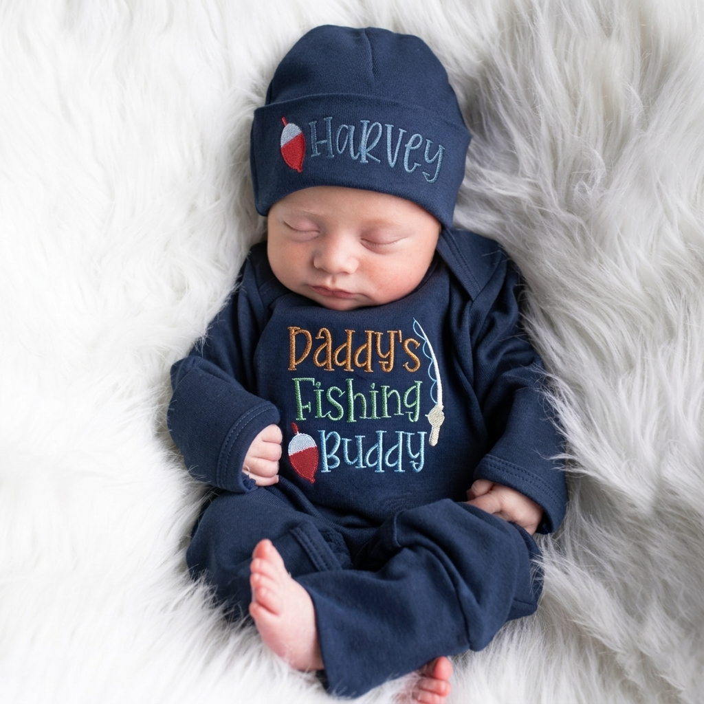 Personalized Embroidery Daddy's Fishing Buddy Romper and Hat Set | CWBaby481
