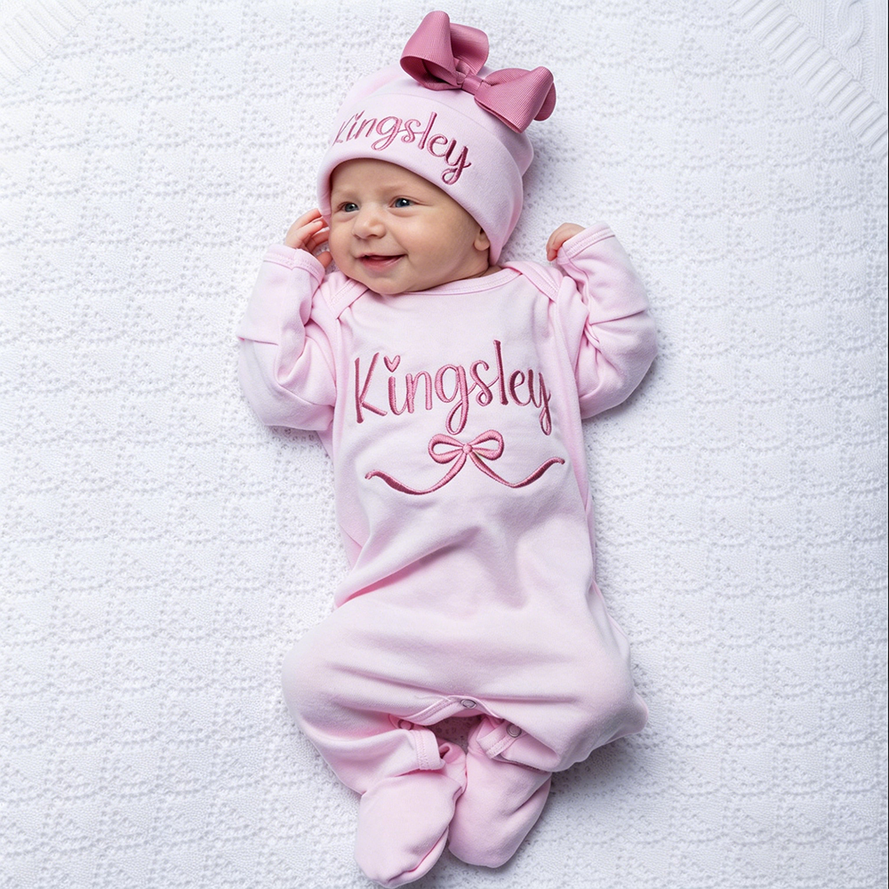 Personalized Embroidery Baby Girl Coming Home Romper and Hat Set | CWBaby482