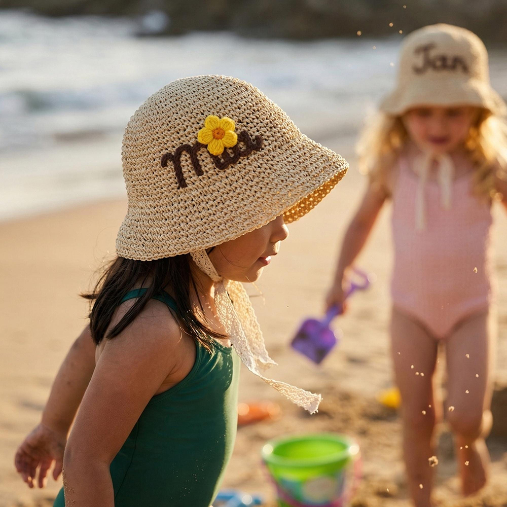 Personalized Hand Embroidered Straw Floppy Sun Hat | CWBeach163