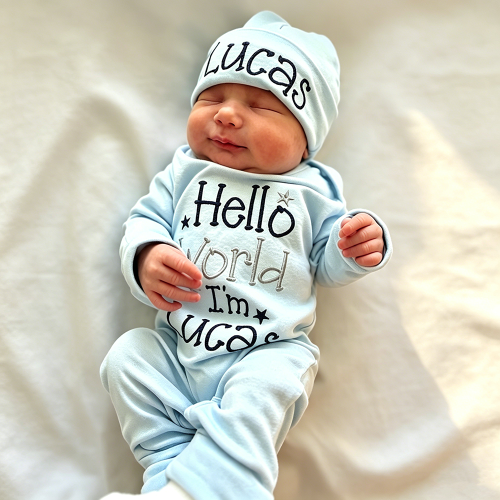 Personalized Embroidery Baby Hello World Outfit | CWBaby495