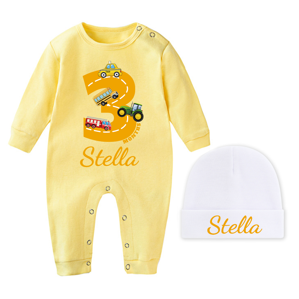 Personalized Baby Transportation Vehicle Romper With Hat Set | CWBaby497