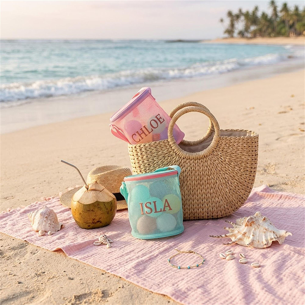 Personalized Embroidery Seashell Zipper Mesh Beach Bucket | CWBeach114