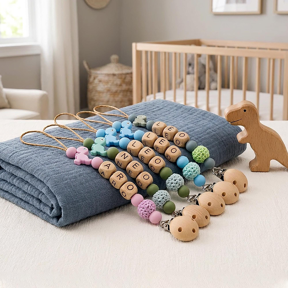 Personalized Baby Wooden Dinosaur Pacifier Clip | CWToy192