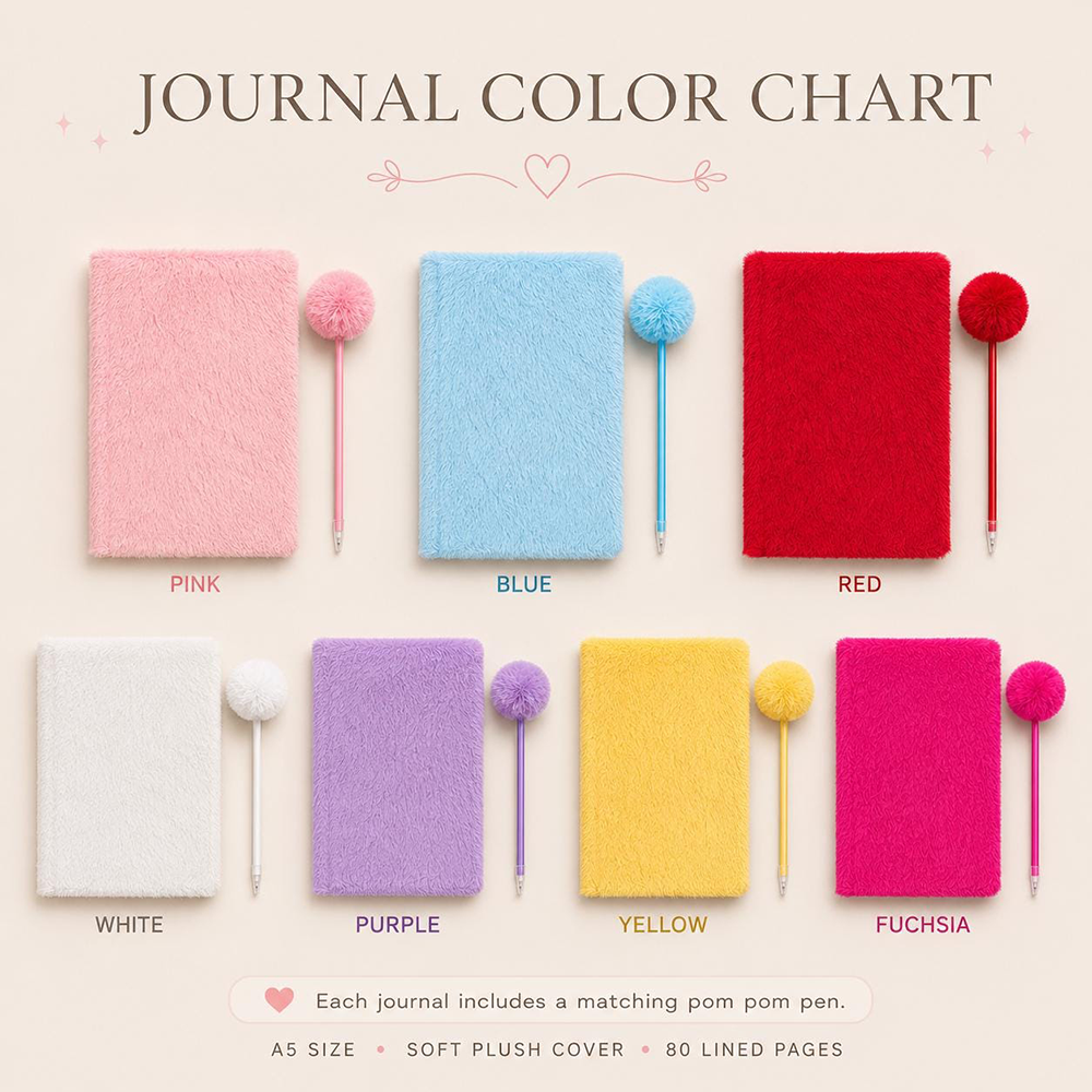 Personalized Hand Embroidery Fluffy Journal with Pom Pom Pen | CWGift75