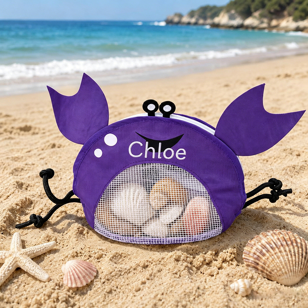 Personalized Embroidery Crab Seashell Zipper Mesh Beach Bag | CWBeach255