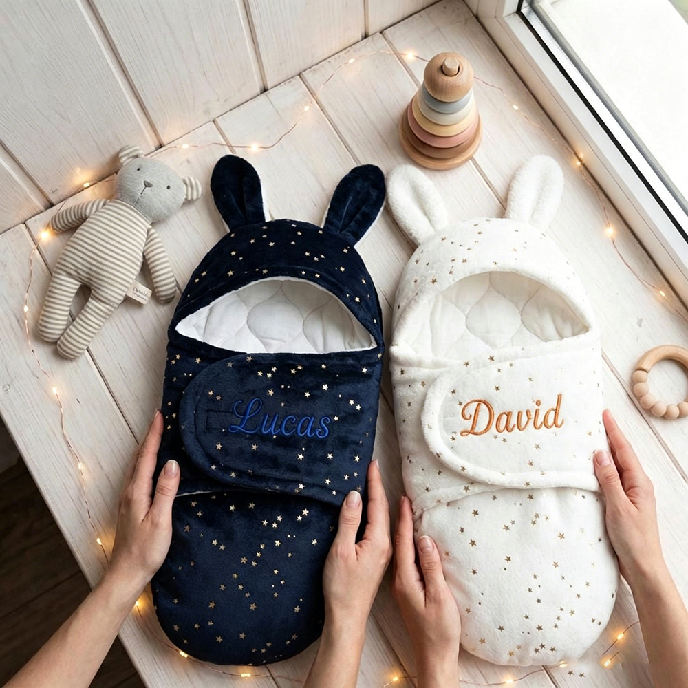 Personalized Baby Flannel Bunny Ear Swaddle Wrap | CWBaby507