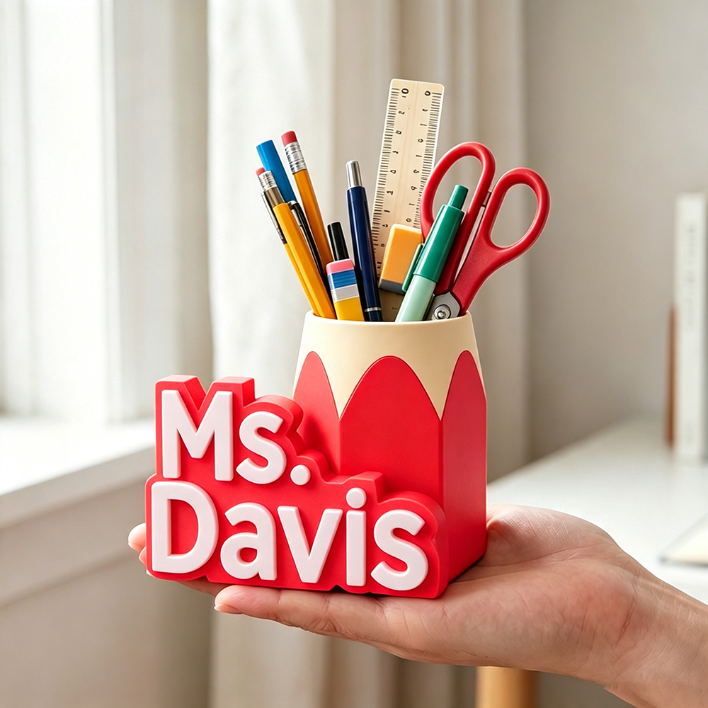 Personalized 3D Printed Teacher Pen Cup and Name Stand | CWTeach14