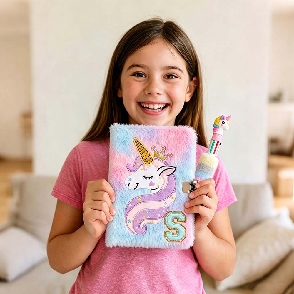 Personalised Chenille Patch Unicorn Fluffy Diary and Pen Set | CWToy196