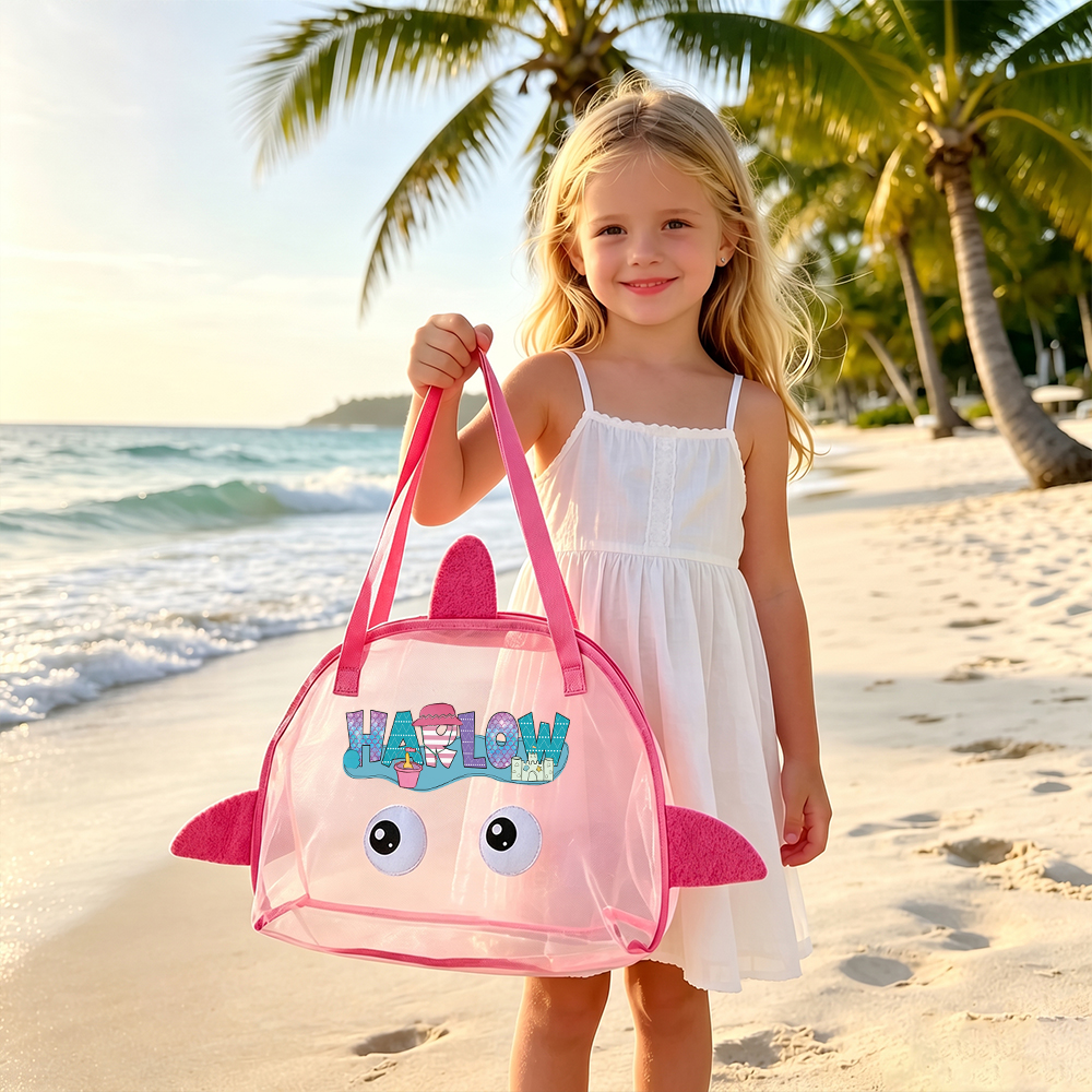 Personalized Adorable Shark Seashell Zipper Mesh Beach Bag | CWBeach262