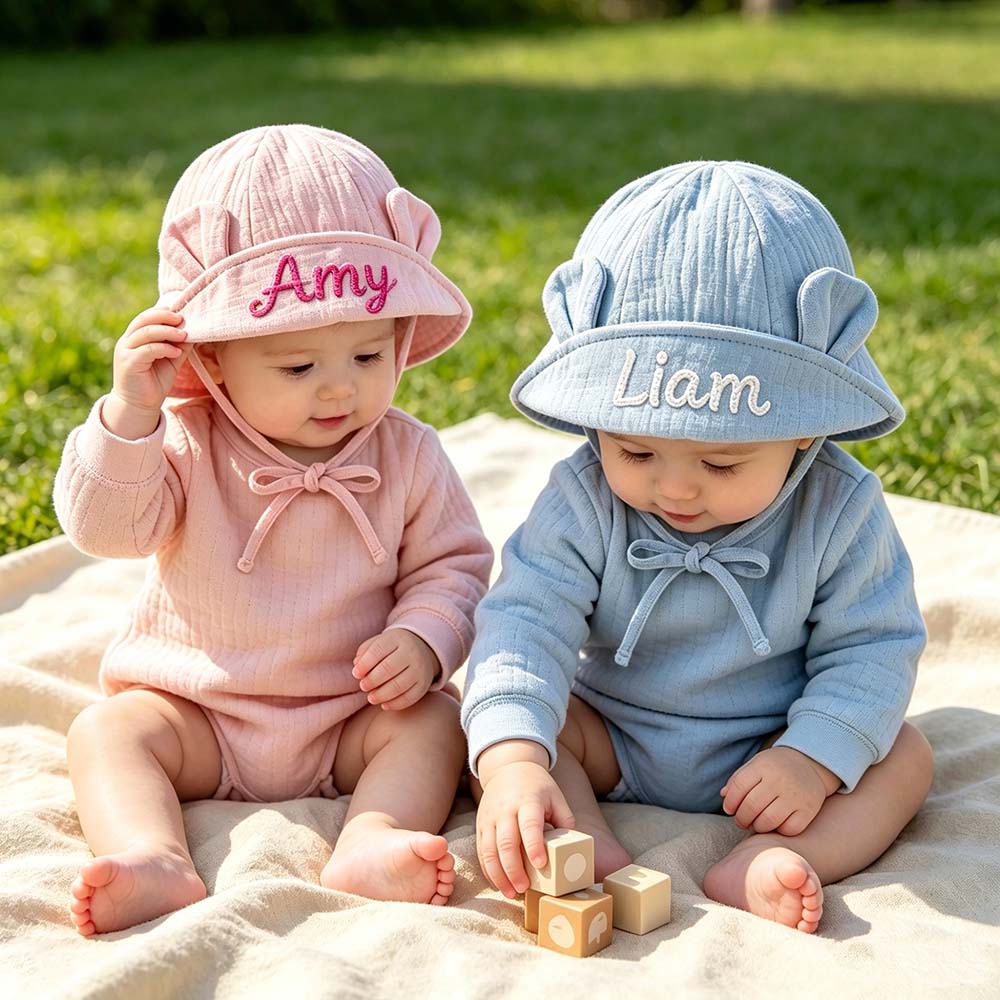 Personalized Hand Embroidered Baby Summer Hat With Ears | CWBeach266