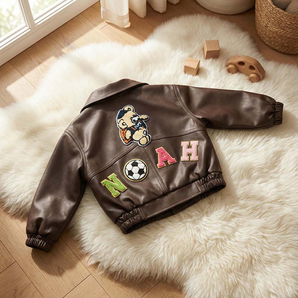 Personalized Chenille Patch Baby Vegan Leather Jacket | CWBaby518