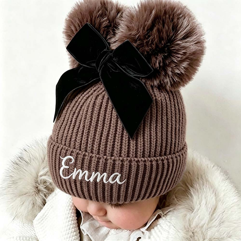 Personalized Embroidered Baby Pom Pom Hat with Bow | HSKid85