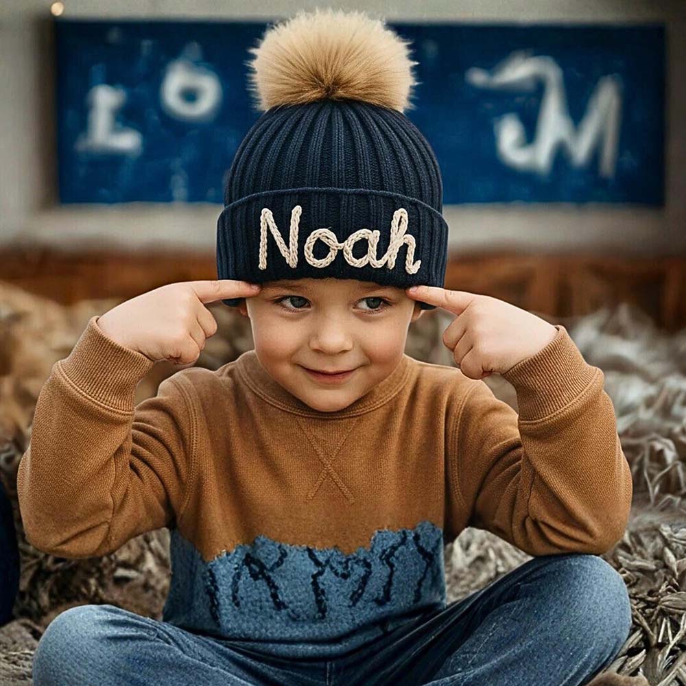 Personalized Hand Embroidered Kids Pom Beanie Winterhat | HSKid87