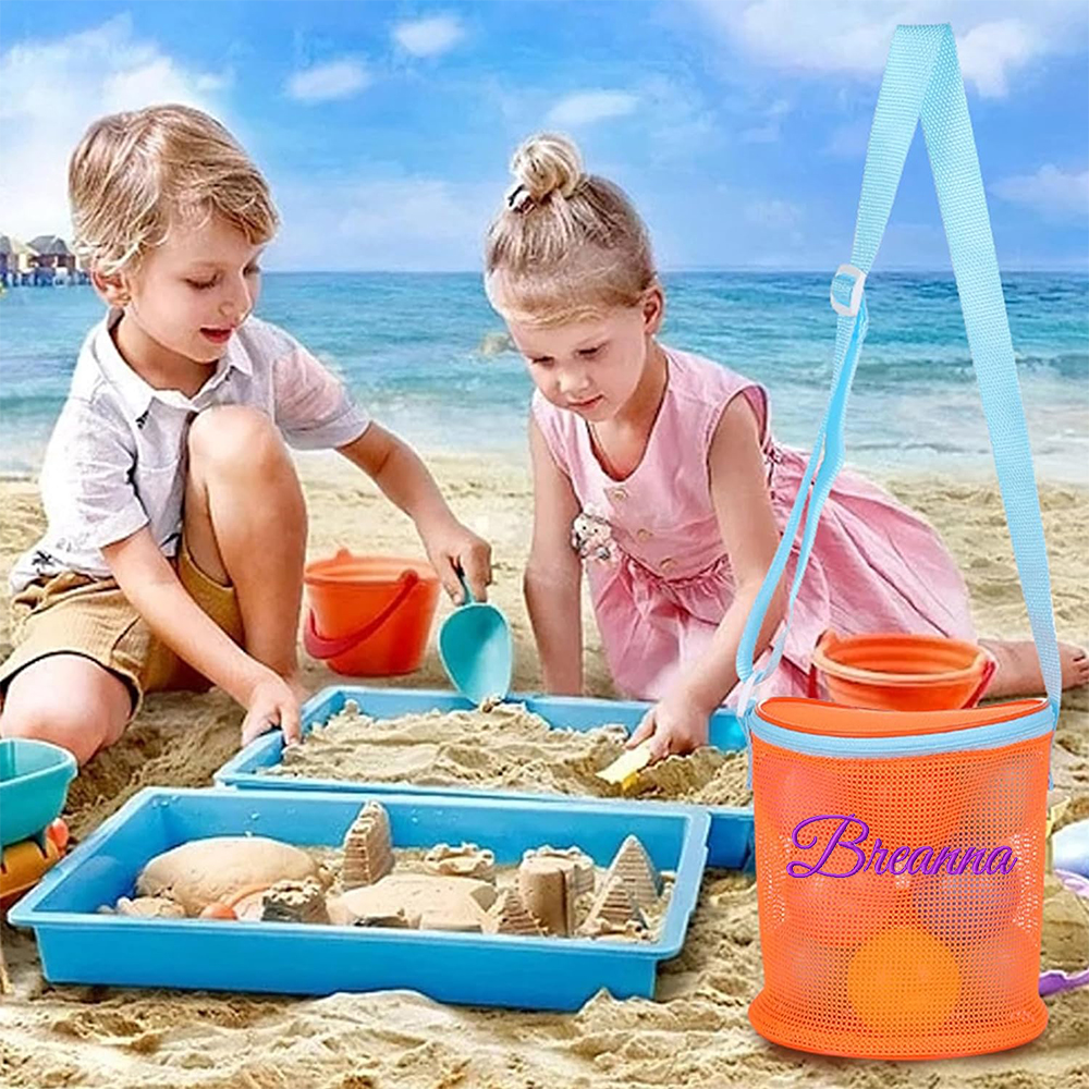 Personalized Embroidery Seashell Zipper Mesh Beach Bucket | CWBeach114