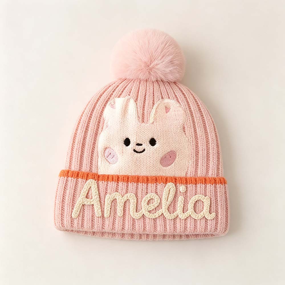 Personalized Hand Embroidery Cartoon Animal Pom Pom Beanie WinterHat | HSKid90