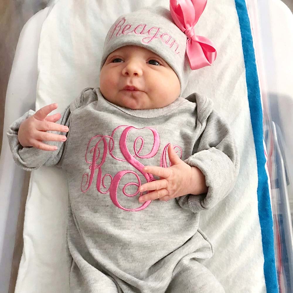 Personalized Embroidery Baby Monogram Romper and Hat Set | CWBaby525