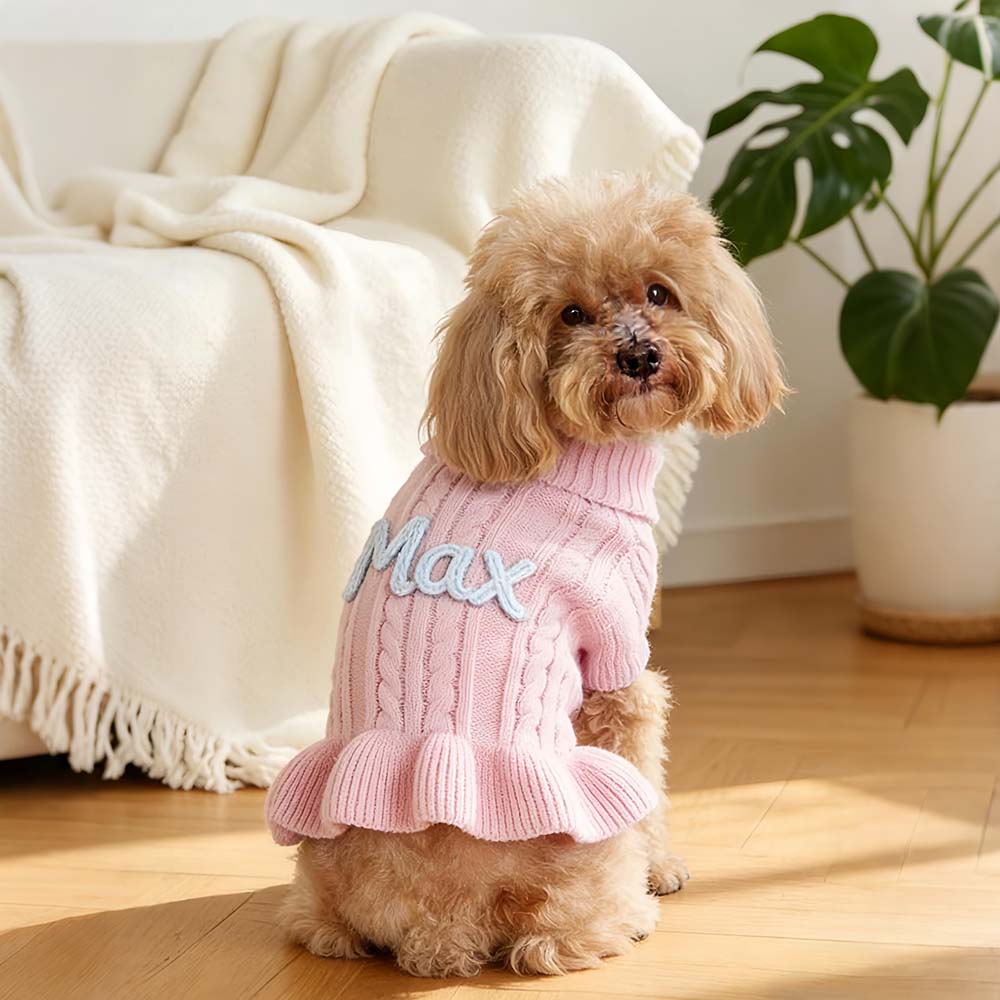 Personalized Hand Embroidered Pet Knitted Ruffle Sweater Dress | BKPet578