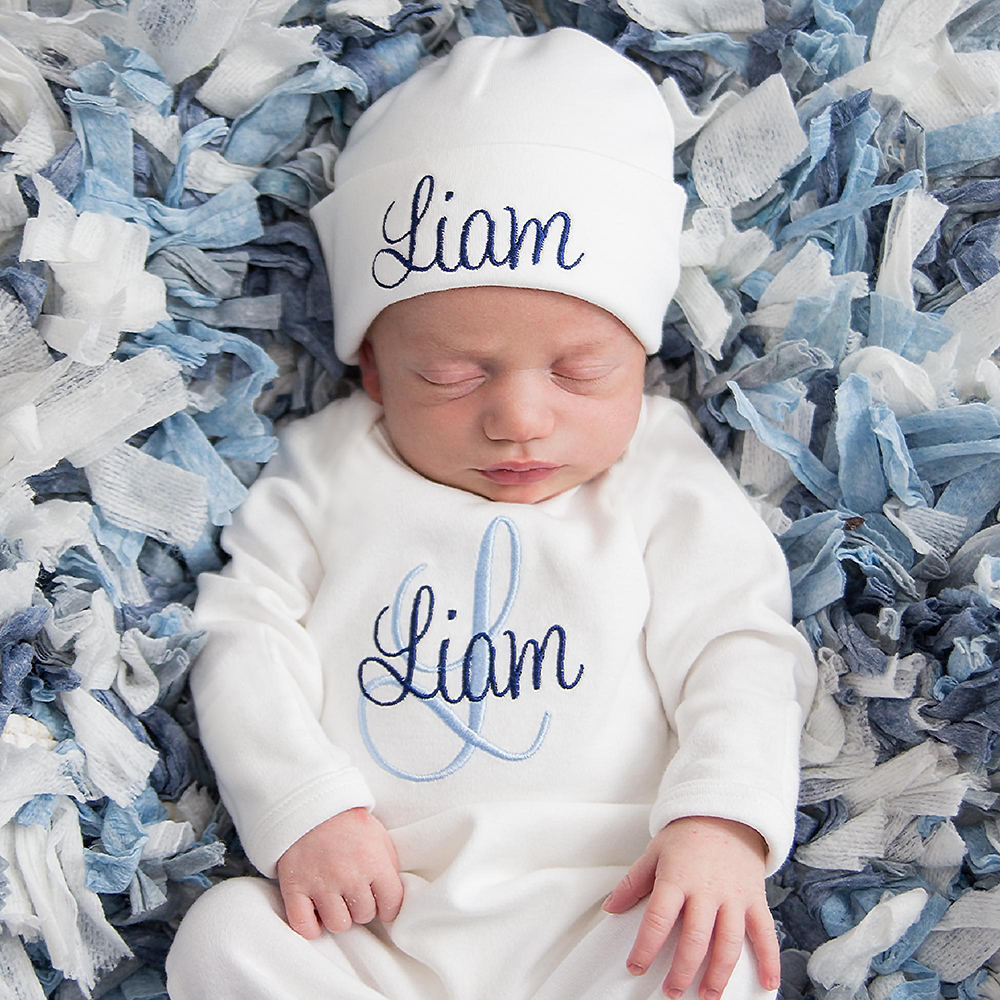 Personalized Embroidery Monograms Baby Coming Home Romper and Hat Set | CWBaby535