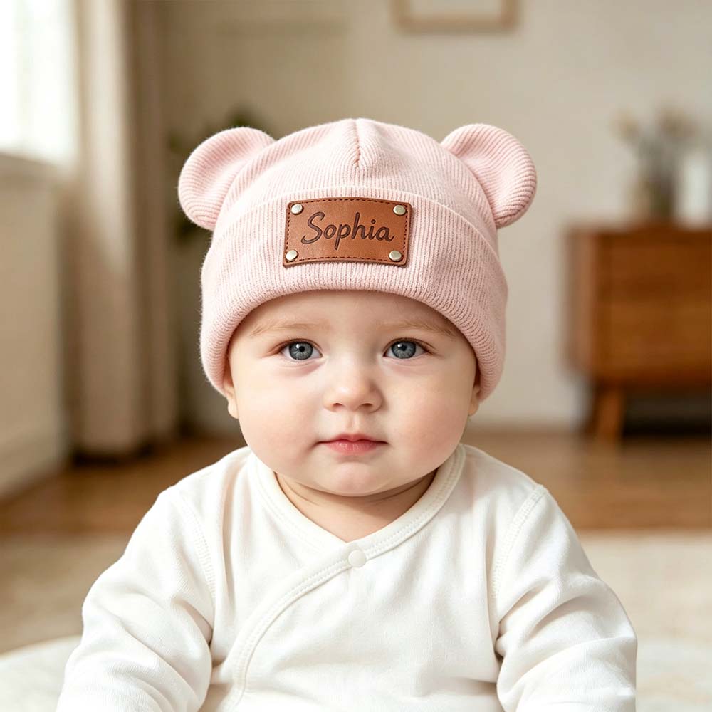 Personalized Leather Patch Kid Beanie Hat With Bear Ears | HSKid92