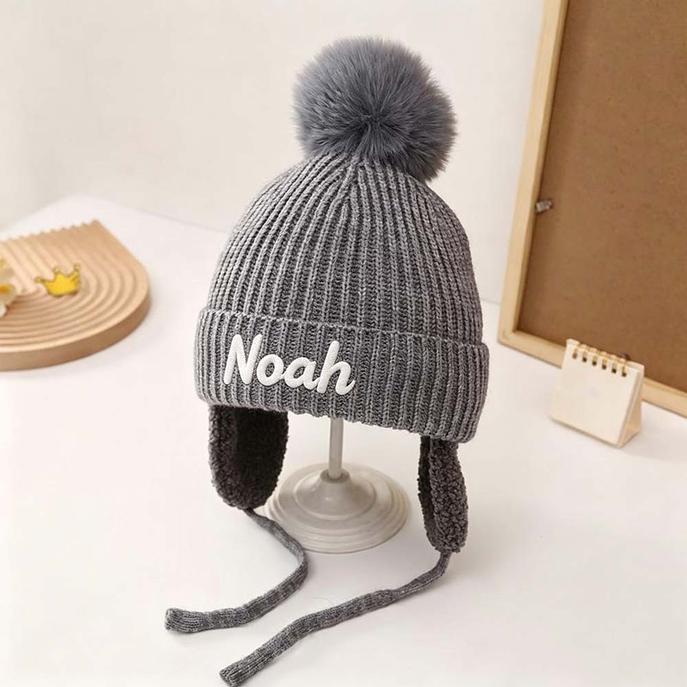 Personalized Embroidered Kids Winter Hat With Ear Flaps & Pom Pom | HSKid93