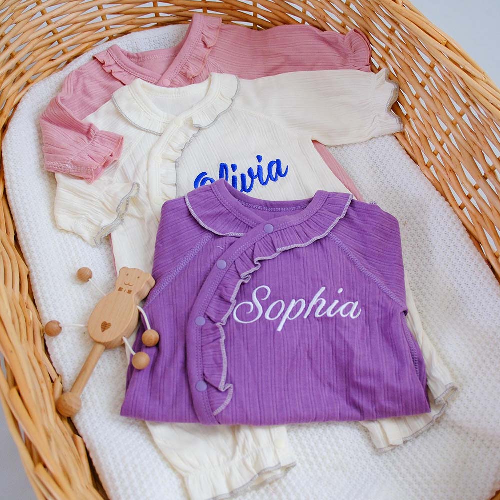 Personalized Embroidered Long Sleeve Buttons Ruffle Coming Home Outfit | CWBaby532