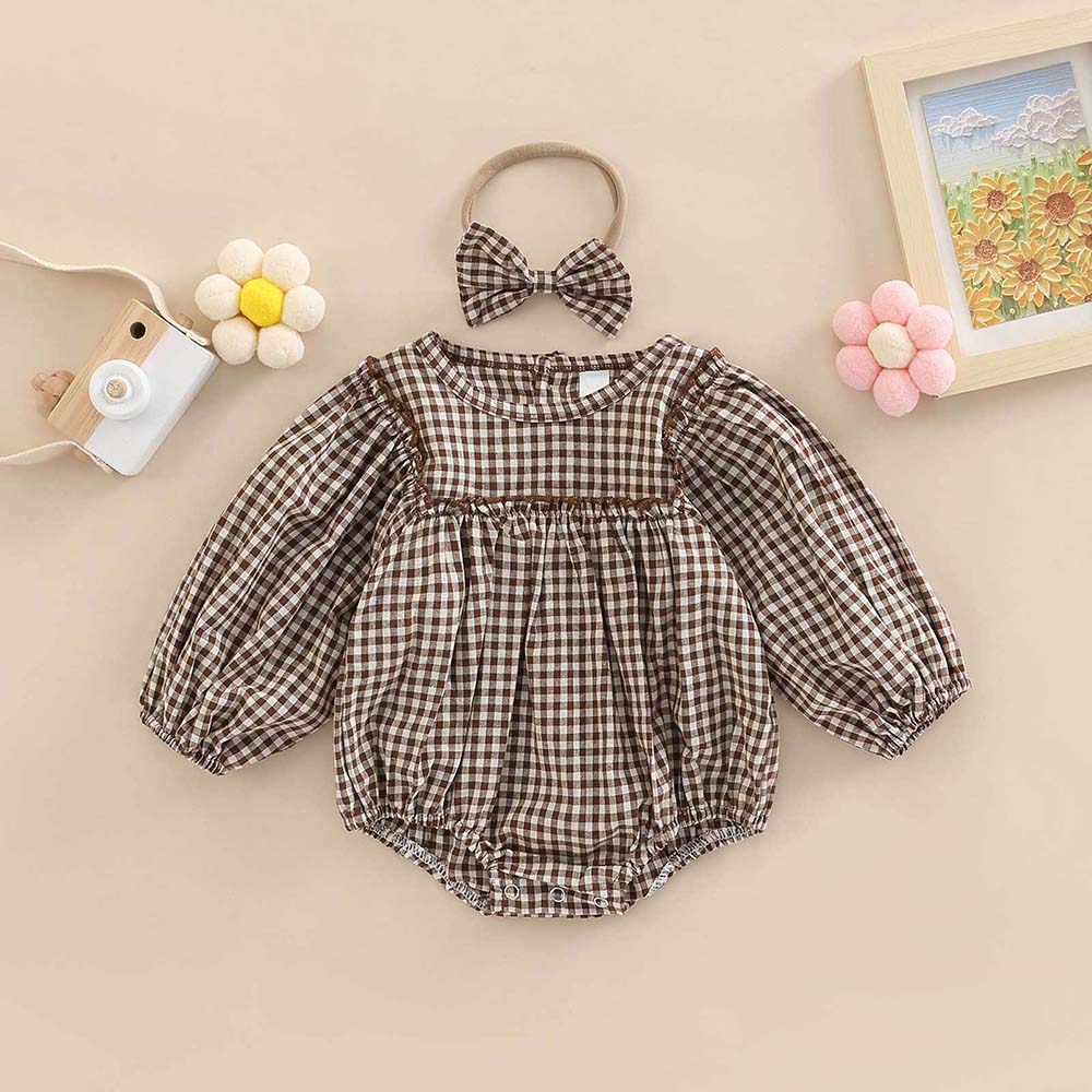 Personalized Embroidered Baby Girl Bubble Gingham Romper with Matching Bow | CWBaby533