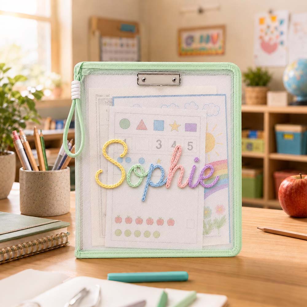 Personalized Hand Embroidered Homework Folder With Handle For Kids | CWToy207