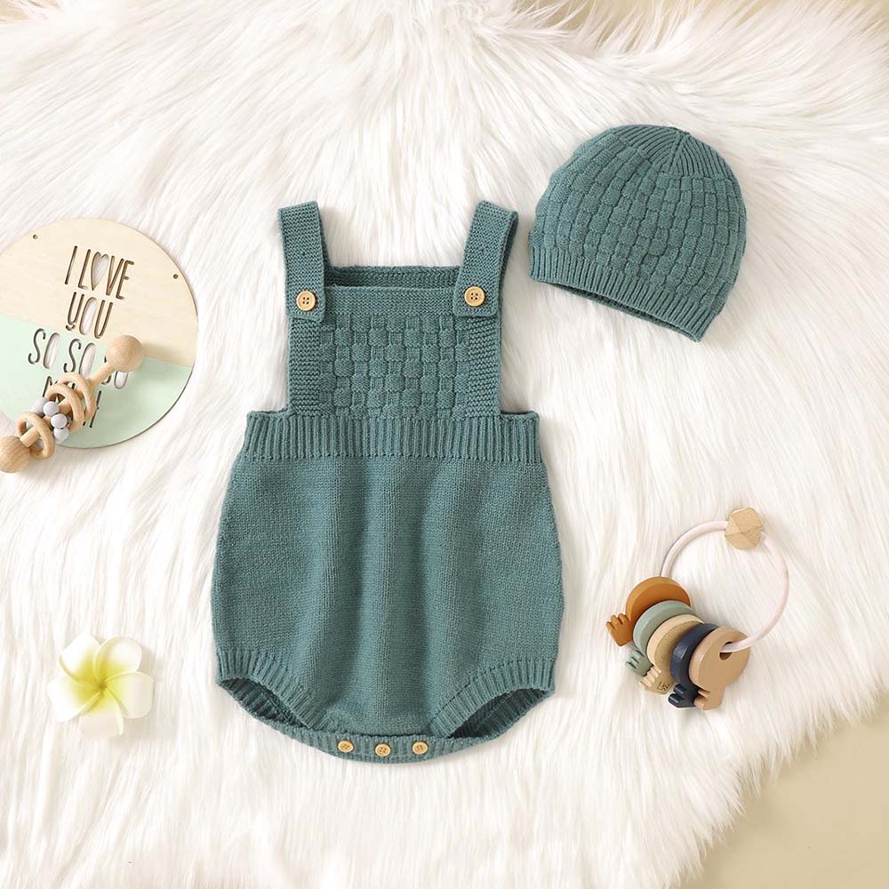 Personalized Embroidered Baby Knit Newborn Romper Set With Beanie | CWBaby538