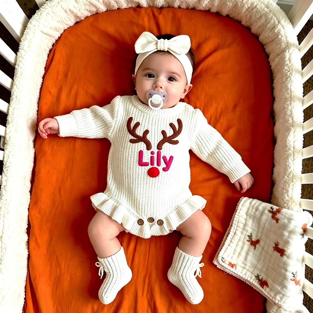 Personalized Embroidered Reindeer Baby Romper Set With Bow Headband & Socks | MCGift388
