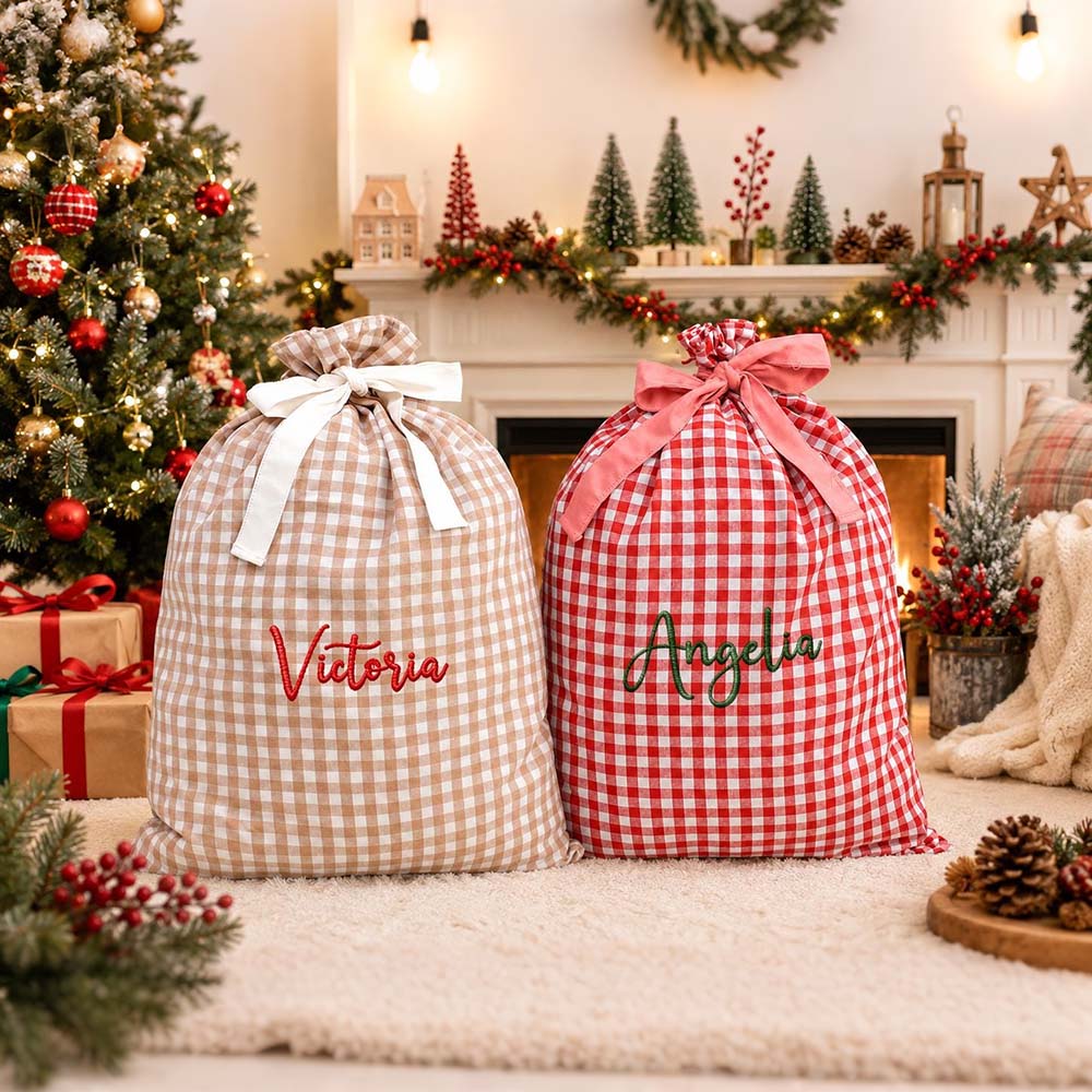 Personalized Embroidered Gingham Santa Gift Bag | MCGift391
