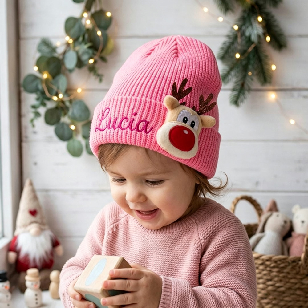 Personalized Embroided Christmas Reindeer Color Beanie | HSKid51