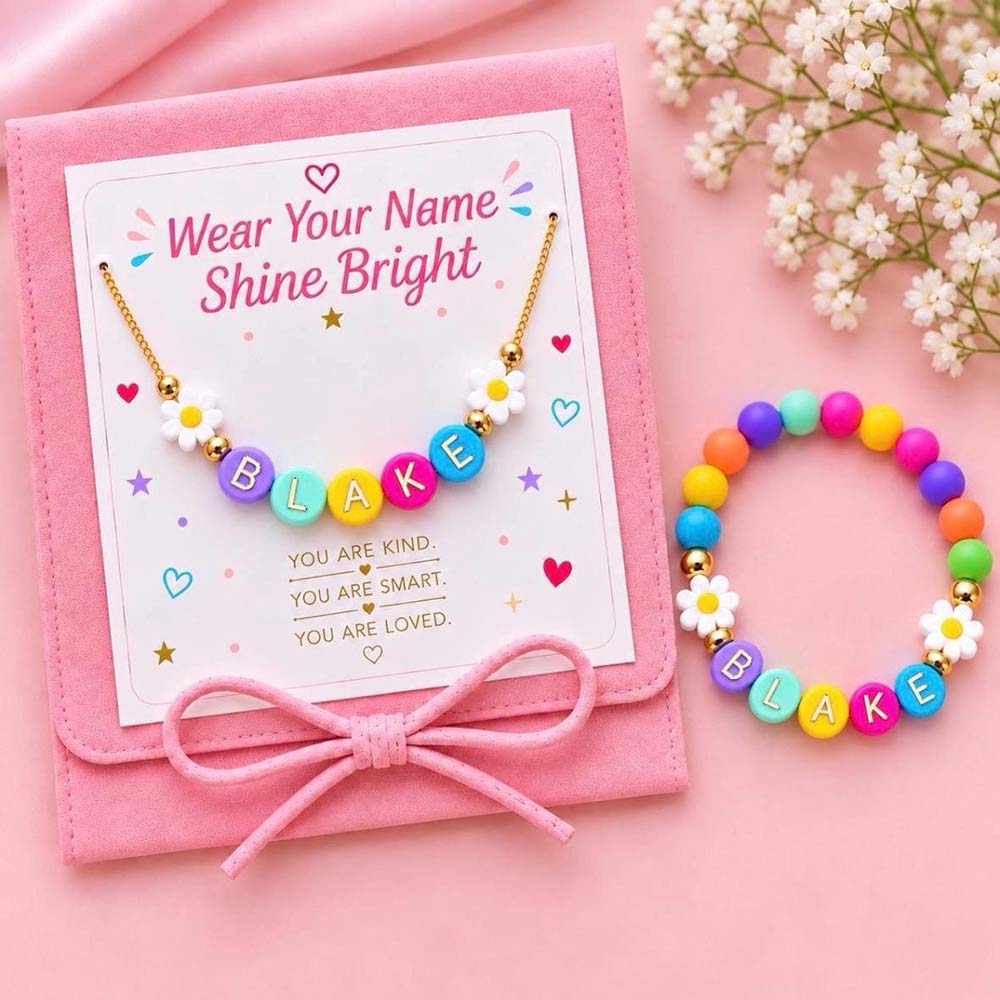 Personalized Multicolored Daisy Heart Bracelet & Necklace Set | CWGift107