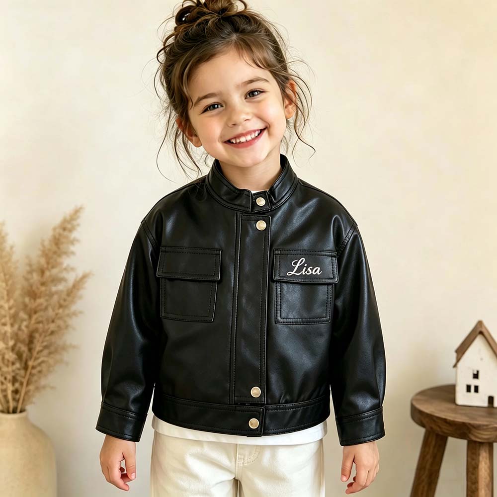 Personalized Embroidered Long-Sleeved Leather Jacket For Girls | CWBaby541