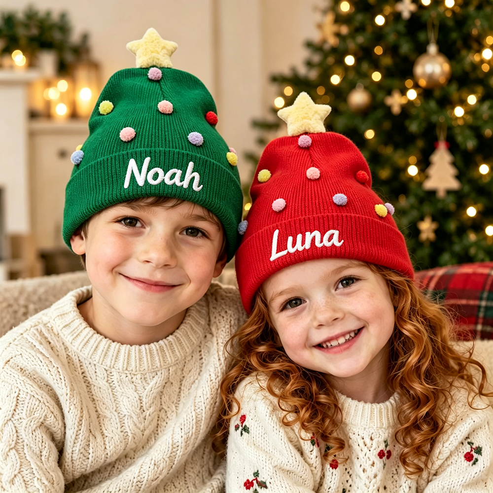 Personalized Embroidery Christmas Pom Pom Beanie For Kids | MCGift416