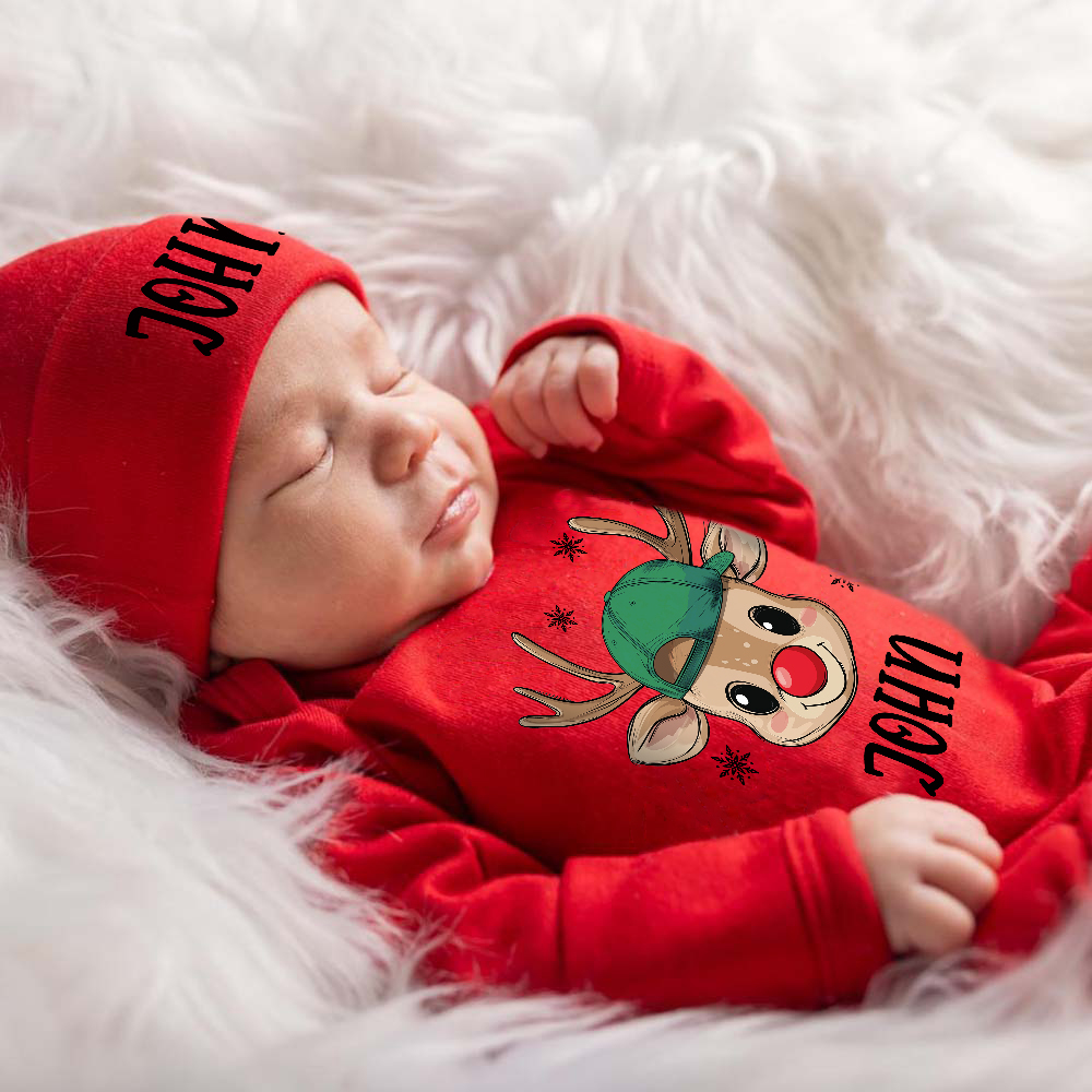 Personalized Baby Christmas Reindeer Romper & Hat Set | MCGift421