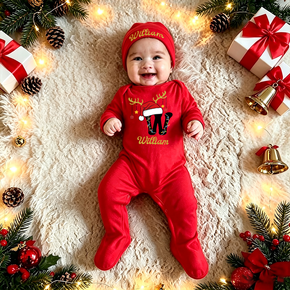 Personalized Baby Christmas Monogram Romper & Hat Set | MCGift424