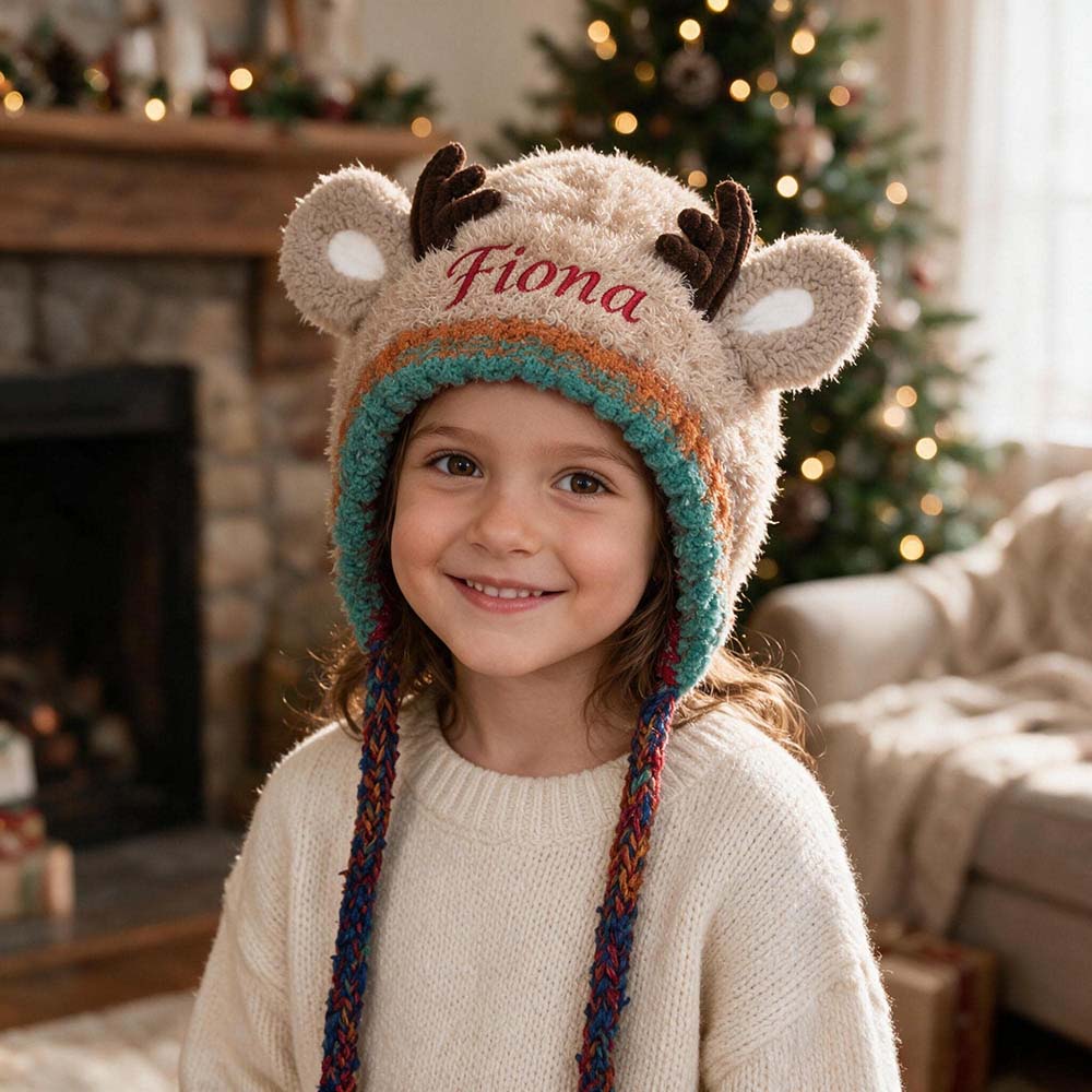 Personalized Embroidered Kids Christmas Reindeer Winter Hat | HSKid106
