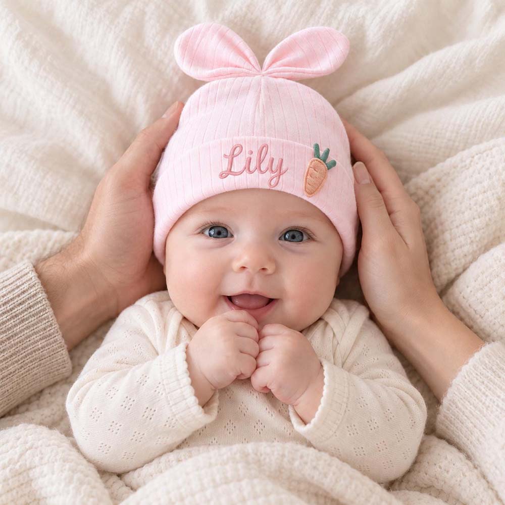 Personalized Embroidered Bunny Ears Baby Beanie Hat | HSKid108